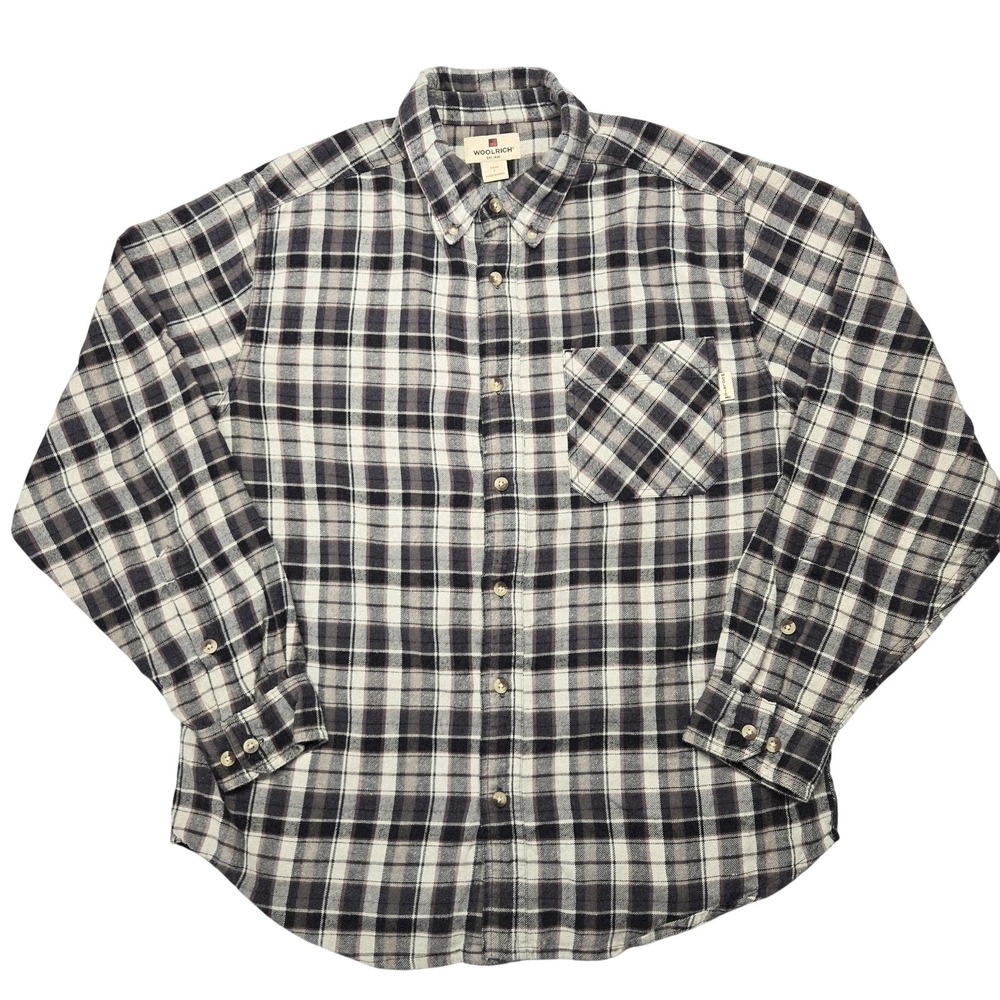Woolrich Shirt Mens L Gray Plaid Long Sleeve Button Up Cotton Flannel Casual